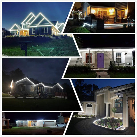 Homes decorated with 100Ft Purple LED Rope Lights For Indoor Outdoor Decor, Waterproof IP65, 110V Safe Electrical