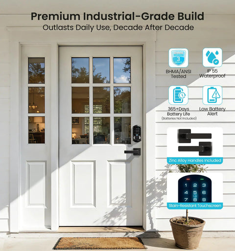 Slick Fingerprint Smart Lock With Heavy Duty Zinc Alloy Handles And Auto Lock App Control Delivering Hassle Free Zero Key Stress Matte Black Finish on a white door.