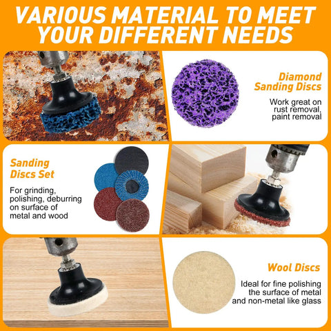 Various sanding discs including diamond, wool on wood, demonstrating 172 Pack 2 Inch Die Grinder Sanding Discs With One Quarter Inch Roll Lock Quick Change System.