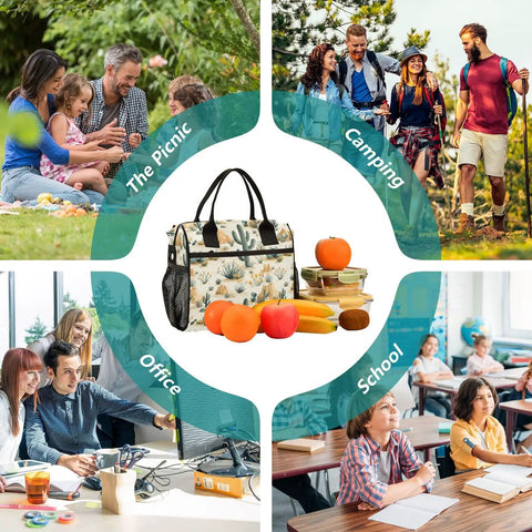 Desert Plants Cacti Cowboy Insulated Lunch Bag with adjustable strap, suitable for picnic, camping, office, and school use.