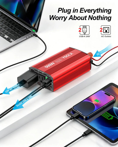 Portable 300W Car Inverter Power Converter From 12V DC To 110V AC With Dual USB Ports And Two AC Outlets connected to laptop and phone
