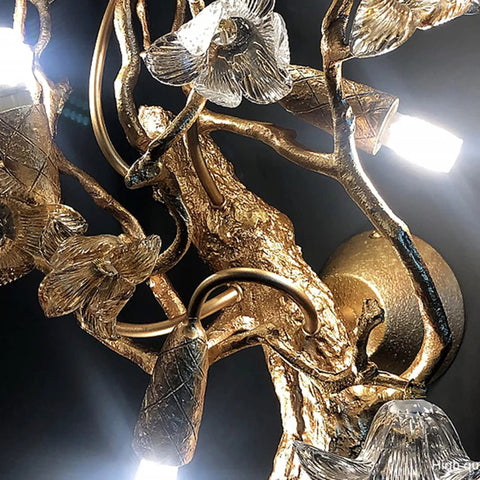 Close-up of All Copper Postmodern Wall Lamp Featuring Sparkling Crystal Kapok Accent For Bedroom Or Hallway, showing intricate design and lighting.