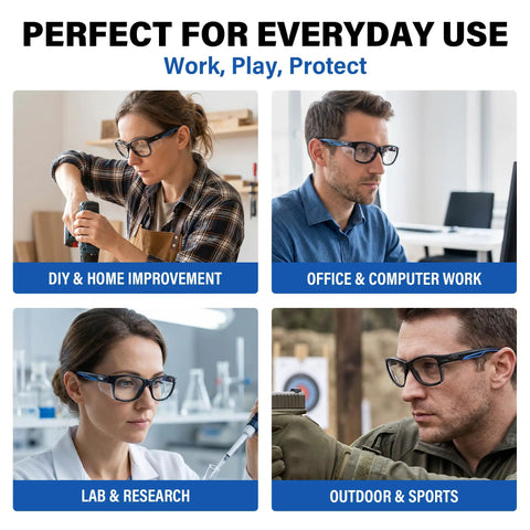 Clear Anti Fog Scratch Resistant Safety Glasses With Side Shields And Uv Protection Built For Jobsite Hustle And Shop Floor Grind Lightweight Impact Resistant Eyewear For Construction Pros used for various activities including DIY, office work, lab research, and outdoor sports.
