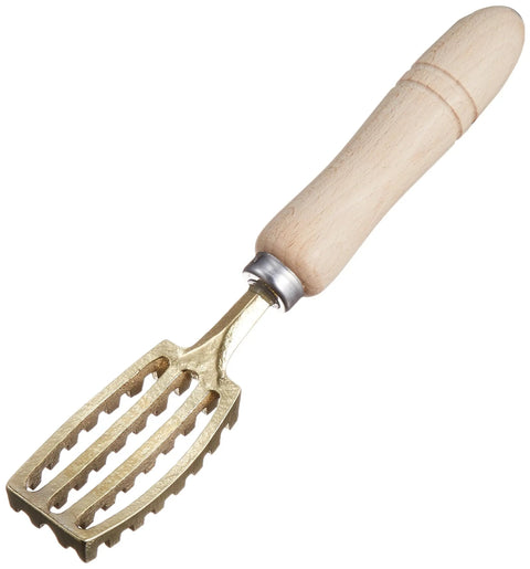 Wood-handled brass fish scaler tool shown in a close-up, featuring durable stainless steel ridges for easy scaling.