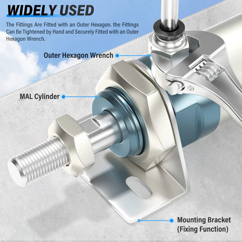 Diagram of a MAL cylinder with outer hexagon wrench, showing mounting bracket and fixing function for Heavy Duty Straight Push To Connect Pneumatic Fittings 1/2 Inch Tube OD X 1/4 Inch NPT Thread Pack Of 5 Copper And Plastic For Air Lines 0 To 145 PSI 32 To 140 F.