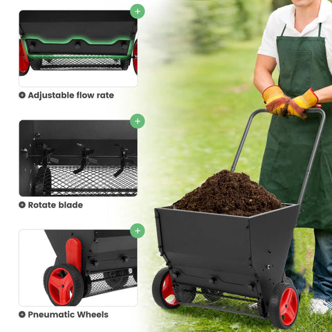 Lawn Drop Spreader With Handle Four Wheels Adjustable Rate showing features and filled with compost on lawn