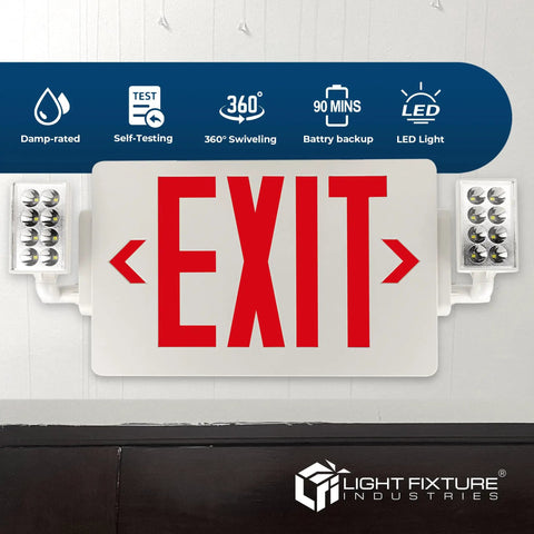Red LED Exit Sign With Emergency Lights In White Housing UL 924 Listed 120 To 277 VAC Hardwired With Battery Backup