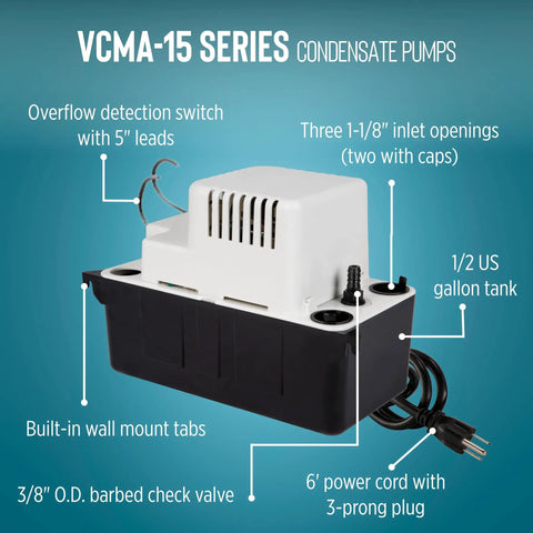 Automatic Condensate Removal Pump For HVAC Refrigeration And Dehumidifiers, 115 Volt 65 GPH 1/50 HP With Overflow Switch and Cord