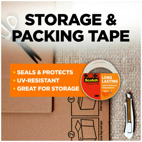 Ridiculously Strong Clear Packing Tape For Moving And Home Storage Boxes Heavy Duty Self Sealing Adhesive 1.88 By 54.6 Yards Three Inch Core Six Roll Pack All Weather Kick Butt Grip Clear Finish on cardboard with scissors.