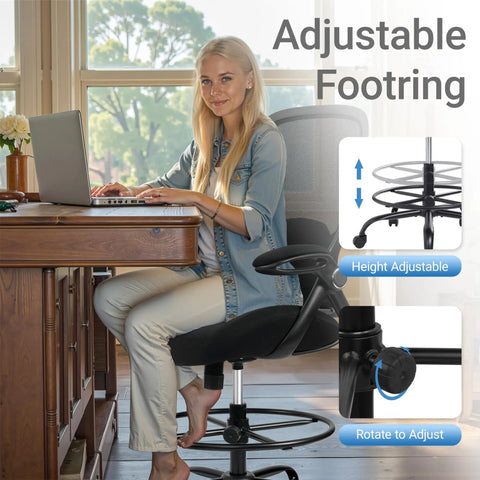 Big And Tall 400 Pound Capacity Heavy Duty Drafting Chair With Ergonomic Comfort shown with adjustable footrest in office setting