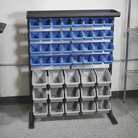 Heavy Duty Garage Organization Workhorse Storage Rack With Powder Coated Steel Rails And Hella Sturdy 47 Super Polypropylene Bins in blue and gray.