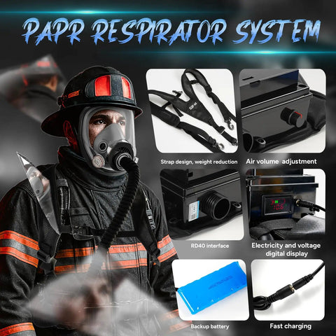 Full Face Papr Respirator With Powered Air Purification And Carbon Filter Handling Dust Paint And Strong Fumes For Trades Pros featuring adjustment settings and battery display.