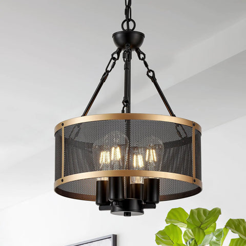 Dope Black And Gold Mesh Drum Chandelier Semi Flush Mount Ceiling Light Six Light Fixture For Kitchen Island Bedroom Living Room