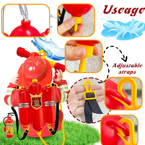 Super Cool Firefighter Water Gun Backpack Set for Kiddos Includes Long Range Hose Shooter and Mini Fire Extinguisher Squirter Hella Fun Summer Blast Kit, showing usage details and adjustable straps.