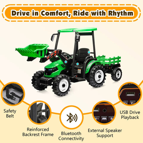 Killer 24V Kids Tractor Ride On With Easy Grip Remote Control And Detachable Trailer Heavy Duty Metal Frame Construction Toy showcasing front loader, safety features, and comfortable seating.