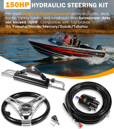 Upgrade Your Boat With A 150HP Hydraulic Outboard Steering Kit For Boats Featuring Electroplated Steering Wheel Helm Pump Hydraulic Cylinder 26 Ft PU Hoses Fits Most Single Outboard Powered Boats Up To 150 HP, showing steering components and a boat on water.