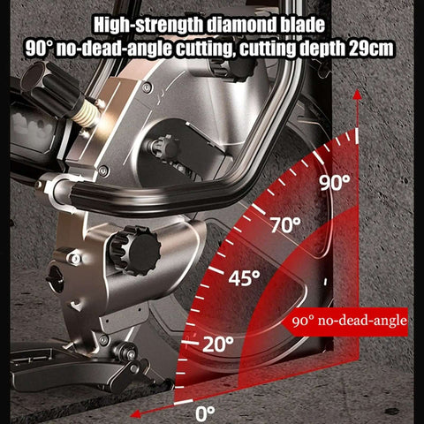 Heavy Duty 16 Inch Electric Concrete Circular Saw With A Beefy 5200W Motor And Integrated Water Feed System close-up of high-strength diamond blade with cutting depth gauge.