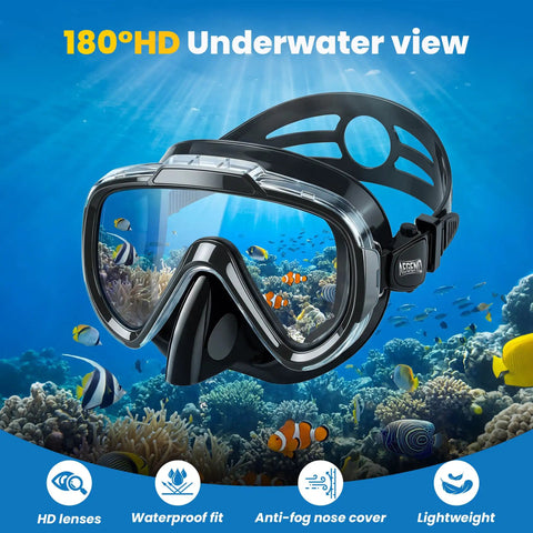 Dry-Top Snorkeling Gear Set With 180 Degree Panoramic HD Vision Mask, Tempered Glass Lenses, in underwater coral setting.
