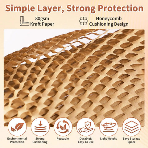 Close-up of eco-friendly honeycomb packing paper bubble wrap roll for moving and shipping. Simple layer design with icons.