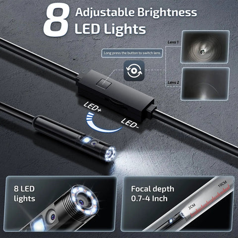 Dual Lens Endoscope Camera With Light For Tight Spaces 1920x1440 HD 2.0MP Sewer Inspection Camera 16.5 Ft semi-rigid cable