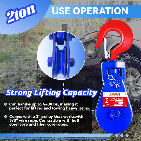 Beefy 2 Ton Snatch Block With Swivel Hook 3 Inch Sheave For Three Eighths Inch Wire Rope Heavy Duty Snatch Pulley With 4400 Lb Working Load Limit For Quick Towing And Recovery On Rollback Wrecker And Car Hauler Winches, shown with red hook