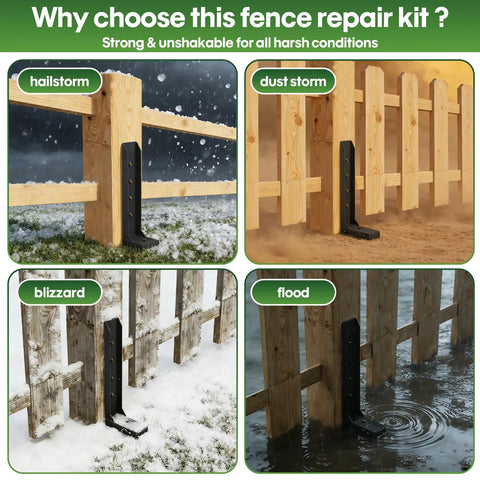 Kickass Heavy Duty Fence Post Repair Kit 2 Pack Rock Solid 8mm Double Layer Steel Post Anchor for Wood Posts shown in various weather conditions.