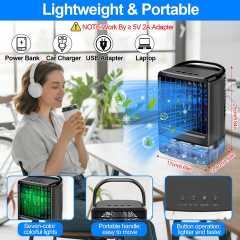Ultimate Portable Air Conditioner Mini Personal AC For Desk And Bedroom, evaporative cooler, black, USB powered, tabletop.