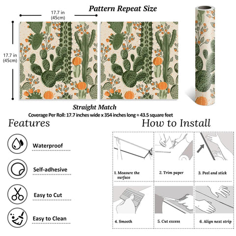 Desert Cactus Peel And Stick Wallpaper Floral Cacti Pattern For Walls Cabinets And Bathrooms 17.7 Inch Wide By 354 Inch Long Roll Covers 43.5 Sq Ft DIY Friendly Prepasted Removable Self Adhesive Vinyl product details and installation guide.