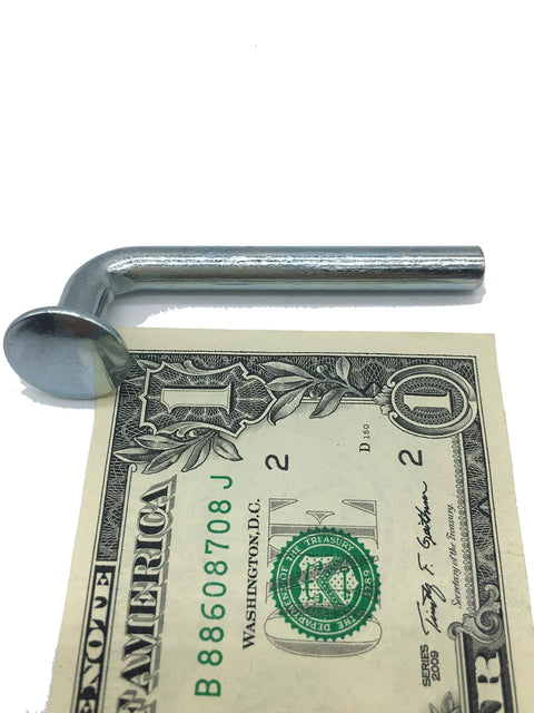 Heavy Duty Pallet Rack Safety Bolt Drop Pin With Round Top Hat 0.750 Inch Diameter next to US dollar bill for scale