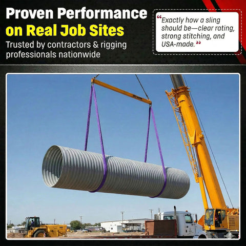 Rock Solid 6 Foot Purple Round Polyester Lifting Sling Rated At 2600 Lbs Vertical And 2080 Lbs Choker Capacity Built Damn Tough For Heavy Industrial Jobs Made Legit Stateside lifting a metal pipe with a crane