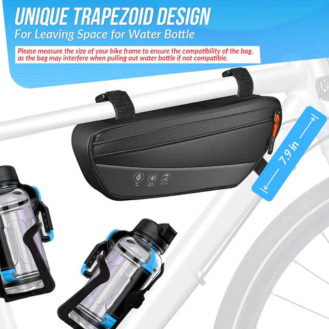 Waterproof Triangle Bike Bag With Side Pocket And Reflective Under Tube Storage attached to a bike frame with space for a water bottle