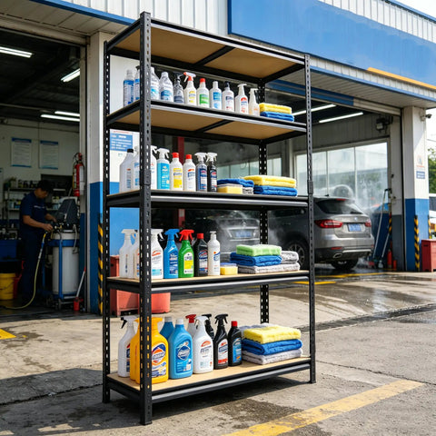 Badass Heavy Duty Five Tier Garage Shelving Unit With Reinforced Steel Legs And Rock Hard Mdf Shelves holding cleaning supplies.