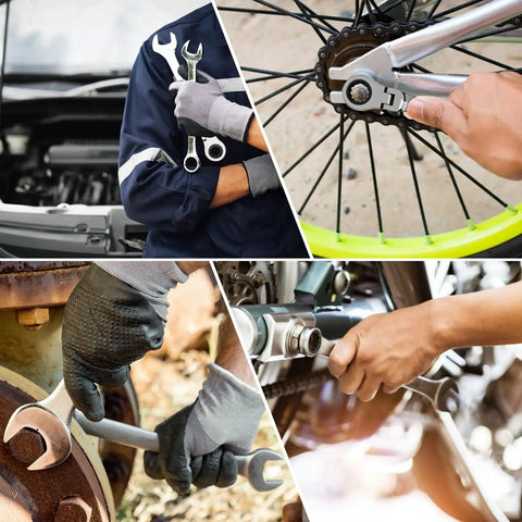 Combination of mechanic using 10mm Flex Head Ratchet Wrench Built To Last Pro Grade Ratcheting Metric Combination Wrench For Pros