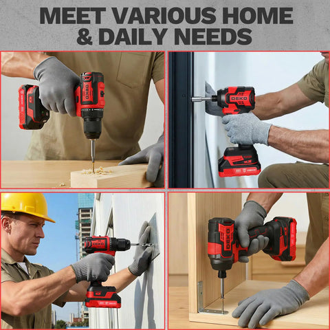 Heavy Duty Workhorse Cordless Drill And Impact Driver Duo With 20V Brushless Motor, Serious Torque, Dual Speed Settings, Two All Week Batteries, Quick Charge Brick, Tough Job Box, And Fifty Two Hex Bits used for home repairs and construction tasks.