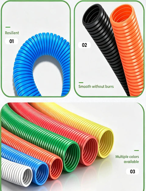 Pro Grade Heavy Duty Flexible PP Corrugated Conduit For No Sweat Wire Routing and Flame Resistant Cable Armor in various colors.