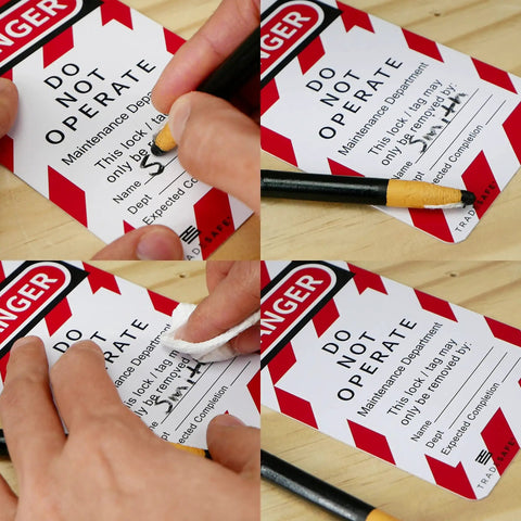 Close-up of completing and erasing details on 'Do Not Operate' tags from Lockout Tagout Station With LOTO Devices For OSHA Compliance.