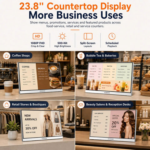 23.8 Inch Countertop Digital Signage Display With Scheduled Power Cycling And Cloud Content Sync For Restaurant Menus And Retail Kiosks showing various business uses.