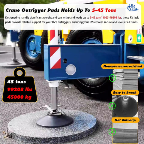 Heavy Duty Polyethylene Outrigger Pads For Cranes And Trailers, No Sweat Setup With Comfort Grip Handle, Round RV Leveling Blocks, Rock Solid 35 Ton Capacity On Uneven Ground on gravel surface with 45 ton load capacity.