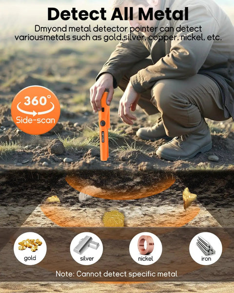 Professional Waterproof Metal Detector Pinpointer For Treasure Hunting shown detecting metals like gold, silver, and nickel in dirt.