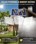 All in One Ultra Bright Solar Motion Sensor Lights Outdoor With Three Adjustable Heads shown on house and garden at night.