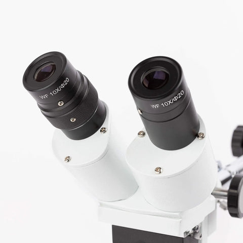 Pro Grade Binocular Stereo Microscope With Long Working Distance Boom Arm For Big Jobs Like Circuit Boards And Dental Appliances With Interchangeable WF10x And WF20x Eyepieces For Sharp Precise Inspection, close-up of WF10x and WF20x eyepieces