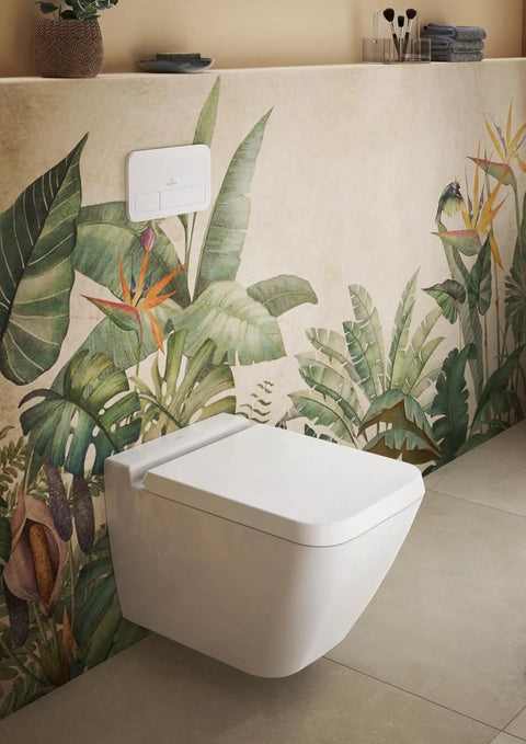 Solid Setup Rectangular Toilet Seat With Slick Soft Close Hinges And Easy Care Duroplast Frame Original Quality Bathroom Essentials Heavy Duty Replacement Lid Stone White on a wall-mounted toilet.