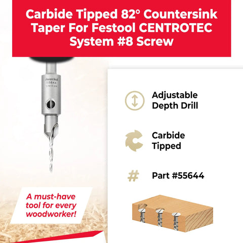 Pro Carbide Tipped 82 Degree Countersink Bit Fits Festool CENTROTEC Size 8 Screws 3/8 Shank with adjustable depth drill.