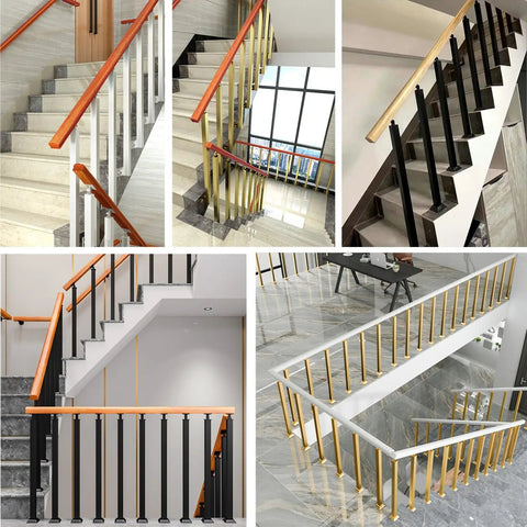 Top Shelf Metal Guardrail Poles For Stairs And Decks 20 Pack Cuttable Stair Railing Posts in various stair settings.