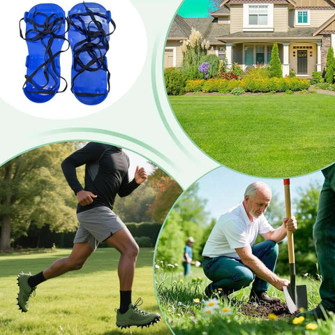 Lawn Aerator Shoes With Heavy Duty Adjustable Spiked Soles For Yard And Garden Aeration, Root Health Boost in use and detail view