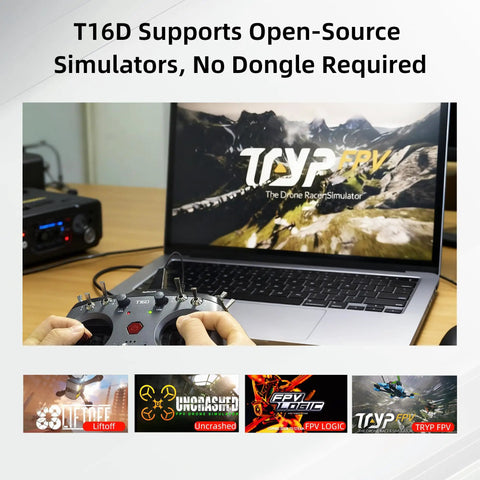 Laptop displaying drone simulator connected to 16 Channel RC Transmitter And R16F Telemetry Receiver With Pro Grade Multi Protocol