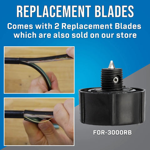 FOR-3000 Round Fiber Optic Cable Stripper replacement blades and hands demonstrating jacket removal technique.