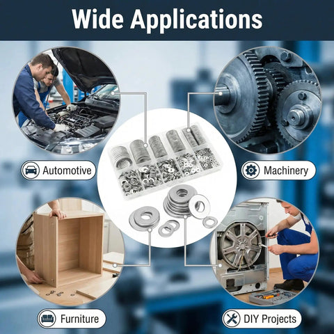 Rock Solid 304 Stainless Steel Flat Washers Heavy Duty Assorted Metric Hardware Kit With M2 Through M10 Sizes Rust Resistant Screws And Bolts built for automotive, machinery, furniture, and DIY projects.