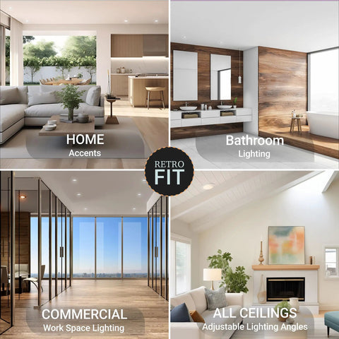 Home, bathroom, commercial, and all ceilings with adjustable lighting using 4 Inch Gimbal LED Recessed Can Light For Sloped Ceilings, Dimmable 750LM Output, 5 CCTs 2700K To 5000K, 90 CRI Eyeball, Aluminum Trim, ETL Certified, High Output 6 Pack