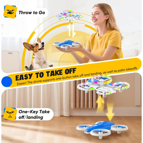 Woman demonstrating Kids Drone With Cool LED Lights And Easy Fly Controls One Click Takeoff And Landing indoors